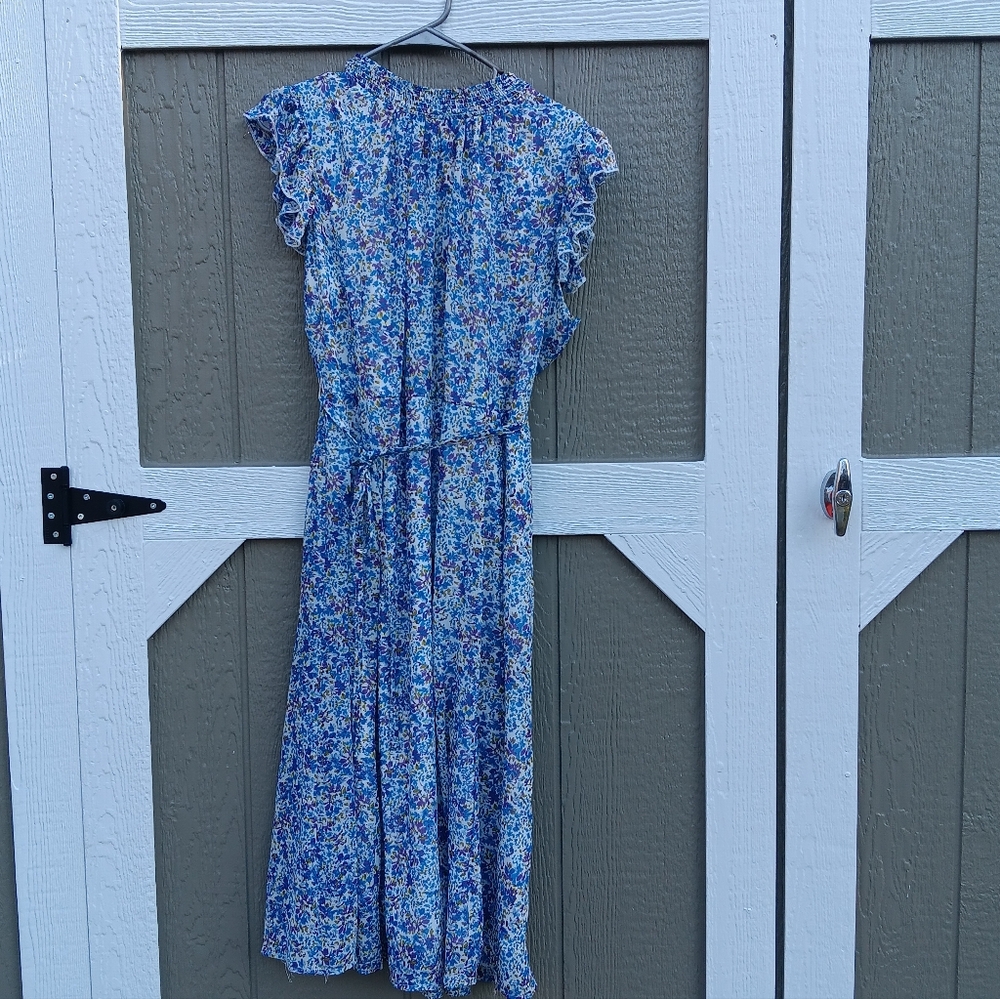 NINA LEONARD XL Chiffon Blue Floral Midi Dress